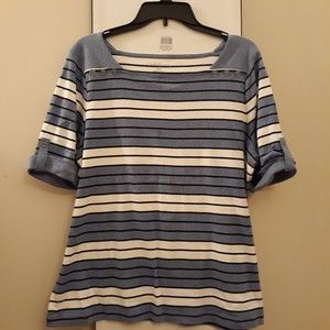 Croft & Barrow Womens PXL Cotton Blouse Blue & White Striped Roll Tab Sleeves!